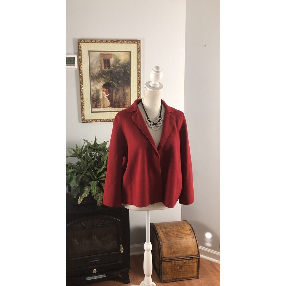 Chico’s Women Red 100 % Cotton Cardigan One Bottom Sweater 2 Collared 3/4 Sleeve